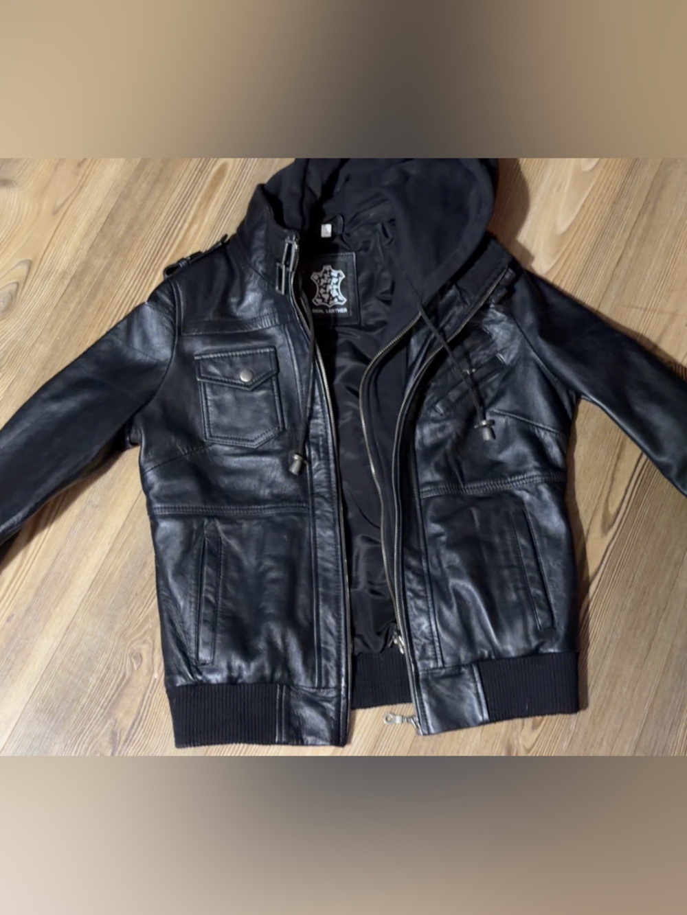 Black Leather Hooded Jacket - Classic Women's Style
